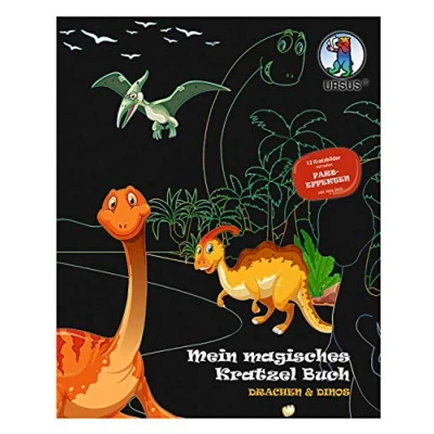 Imagen de Ursus Mein magisches Kratzelbuch Mi Libro mágico Dragones &amp; Dinos, imágenes para rascar, Aprox. 21 x 26 cm, con Bonitos Efectos de Color y 12 Mandalas Colorear, Incluye Palo Madera, Multicolor