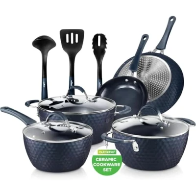 Imagen de Nutrichef panela ceramica, 11 piezas, Juego de ollas y sartenes antiadherentes, Set, Ergonomico, Induccion, Bateria cocina, Color azul diamante