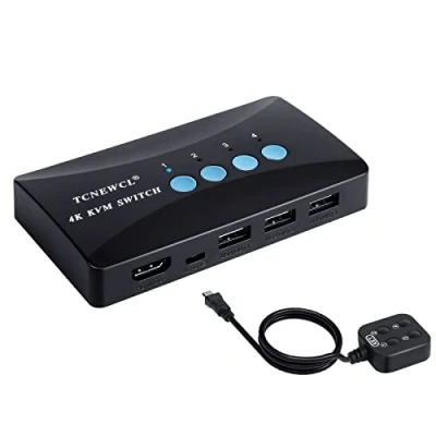 Imagen de TCNEWCL Conmutador KVM de 4 Puertos, HDMI USB Switch con Cables KVM, para Dos Ordenador o Portátil, Raton y Teclado, Monitor, Impresora, Escáner