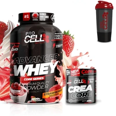 Imagen de ProCell PACK Whey Core + Crea 300gr Shaker REGALO proteina concentrada Gana masa muscular, en polvo Creatina monohidrato 200 mesh (2 KG, Strawberry Milshake)