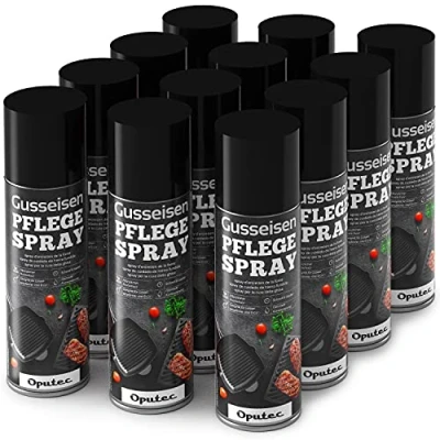 Imagen de Oputec 12 x 500ml Spray Protector Antiadherente para Hierro Fundido Accesorio Ideal la protección y el Cuidado de Parrillas, sartenes, ollas, hornos holandeses, Parrillas Barbacoa, asadores