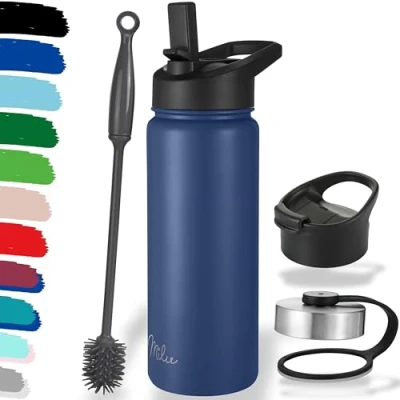 Imagen de Milu botella de agua acero inoxidable, 500, 750, 1000ml (+3 tapas), termo con pajita, aislada, aislante a prueba fugas, apta para ácido carbónico (azul marino, 500ml)