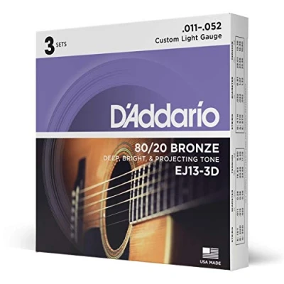Imagen de D&#039;Addario Guitar Strings Acoustic 80/20 Bronze For 6 String Deep, Bright, Projecting Tone EJ13 3D Custom Light, 11 52 3 Pack