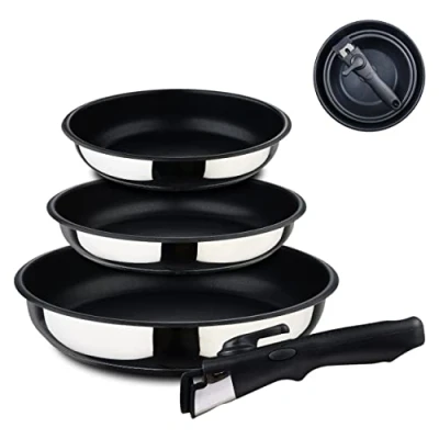 Imagen de BERGNER Click&amp;Cook Juego de Sartenes 4 Piezas Acero Inoxidable y Antiadherente Incluye 3 18, 20 24 cm con 1 Mango Ergonómico Extraíble Apto Horno
