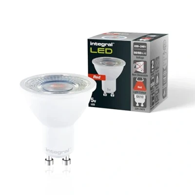 Imagen de Integral pack de 4 bombillas GU10 LED rojo 5 W (equivalente a 50 W), ángulo haz 40 Para expositores, restaurantes, hoteles, jardines, decoración e iluminación ambiental