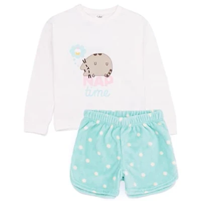 Imagen de Pusheen The Cat Girls Pijamas Camiseta de Dibujos Animados para niños Nap Time con Pantalones Cortos Lana Verde Menta Esponjoso Loungewear Pjs Mercancía Regalo Ella