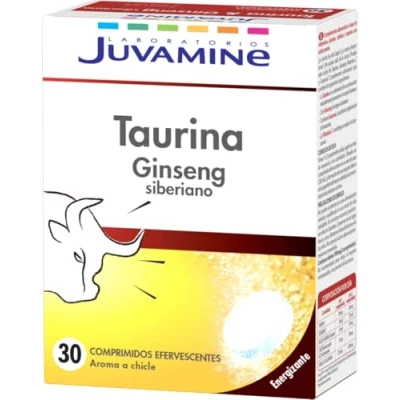 Imagen de JUVAMINE Taurina Ginseng Siberiano 30 Comprimidos Efervescentes Sabor a Chicle Energizante Reduce el Cansancio Vitaminas, Plantas, Cafeína y
