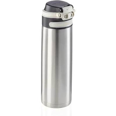 Imagen de Leifheit Vaso térmico Flip (600 ml) con tapón de rosca, taza hermética bloqueo adicional contra fugas, termo portátil, uso una mano, plateado