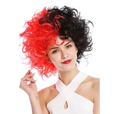 Imagen de WIG ME UP 91344 P103+PC13 Peluca Halloween Mujeres Hombres Diva Malvada Loca Masa de Pelo Rizado rebelde Mitad Rojo Negro