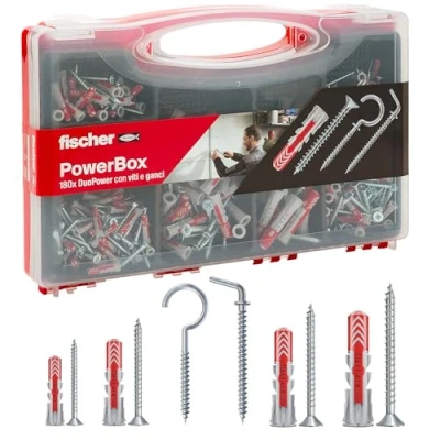 Imagen de Fischer powerbox 180 tasselli duopower con viti e ganci, per muro pieno, forato cartongesso, 360 pz totali, 564282