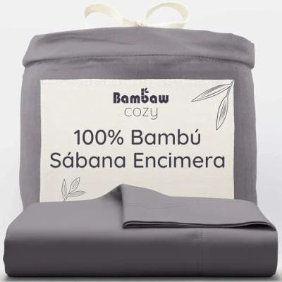 Imagen de Sábana Encimera Gris Oscuro 180x290 cm Sabanas de Bambu Antiacaros Sabana Térmica Ropa Cama Lujo 90 Bambaw