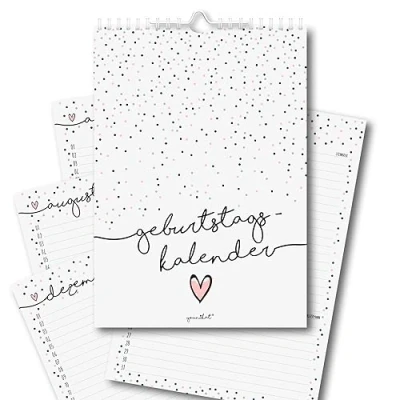 Imagen de calendario de cumpleaños DIN A4, diseño confeti con líneas extralargas, encuadernación en espiral 170 g/m², independientemente del año, permanente para mujeres