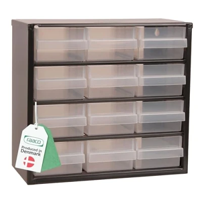 Imagen de raaco Organizador de Tornillos C6 12 con Cajones, Capacidad 13 kg, 15 x 30,6 28,3 cm, Acero Recubierto, Apto para Montaje en Pared, Clasificador y Pequeñas Piezas Taller