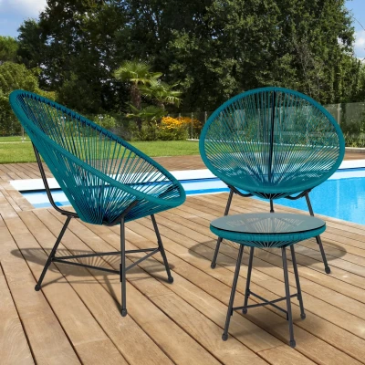 Imagen de IDMarket Salón de jardín Izmir Mesa y 2 sillones Huevo Cordage Azul Pato