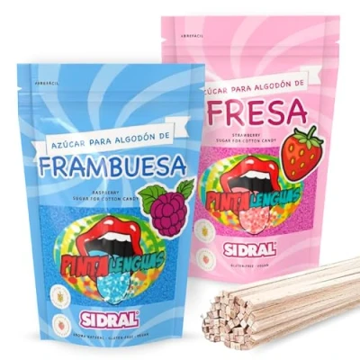 Imagen de SIDRAL Pintalenguas.Azucar para Máquina Algodón (2 x 250 gr) con 25 Palitos Reciclables Degustación Lote de 2 Sabores (Fresa y Frambuesa) (Pintalenguas)