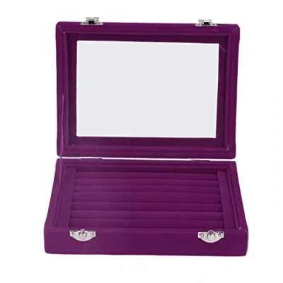 Imagen de Caja para Anillos, Almacenamiento de Joyas, Cajón Terciopelo Joyas con 7 Compartimentos Y Tapa, Organizadora Tapa Cristal Transparente Pendientes Y(Violeta)