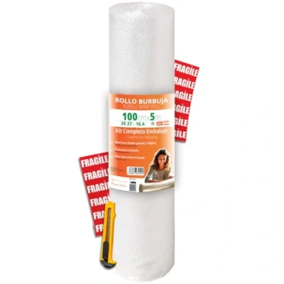 Imagen de OFITURIA Papel burbujas Embalaje 100cm x 5m kit completo con Cutter + 12 Etiquetas FRÁGIL para mudanza, embalaje, plástico de