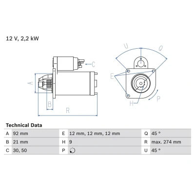 Imagen de BOSCH 0 986 016 210 Motor de arranque 12 2,2 9 30,50 links 92 LAND ROVER: Discovery 2, 1, Defender Pick up