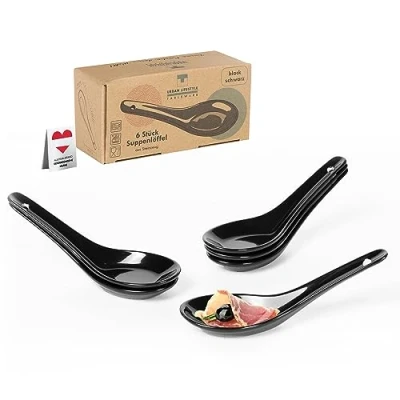 Imagen de Urban Lifestyle 6 cucharas de porcelana negra asiática, arroz, sopa, degustación comida para los dedos, degustar