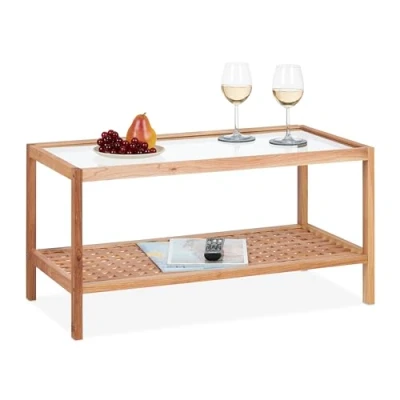 Imagen de Relaxdays Mesa de Centro con Tablero Cristal, Mesita Sofá Estante, Madera Nogal, Salón, 40x80x40 cm, Natural, 35x80x40 cm