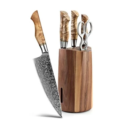 Imagen de HEZHEN Damasco Bloques de Cuchillos Set, Acero Cuchillo Cocina, Chef, Tijeras Cocina