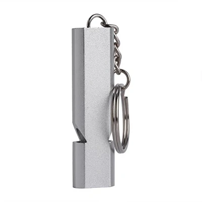 Imagen de silbato de emergencia supervivencia con doble agujero aluminio alta frecuencia salvavidas llavero para actividades al aire libre, senderismo, camping, escalada (color: plata)