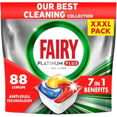 Imagen de Fairy Platinum Plus Pastillas para lavavajillas todo en uno, 88 unidades, fragancia a limón, brillo y prevención de piedra