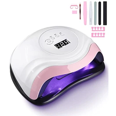 Imagen de Birshe 168W Lámpara UV Seca Uñas, Lámparas de Uñas Profesional Secado Rápido 36 LEDs, 4 Temporizadores 10/30/60s/99 Gran Pantalla LCD base Desmontable (Elegant White Pink)
