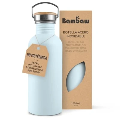 Imagen de Bambaw Botella agua acero inoxidable 1 litro No Térmica, de Azul claro, gimnasio, deporte, metálica celeste