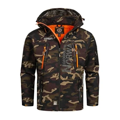 Imagen de Geographical Norway Techno Men Distribrands Chaqueta Softshell Impermeable Hombres Capucha Hombre Transpirable Exteriores Invierno Viento (CAMO Kaki/Naranja S)