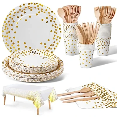 Imagen de Nkaiso Vajilla de fiesta,141piezas Reutilizable Blanco puntos dorados set juego platos y cubiertos, cubertería cartón, vasos servilletas, para cumpleaños, bodas, aniversarios(20 invitados)