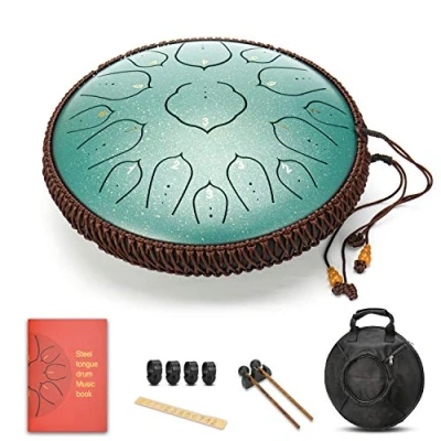 Imagen de Amkoskr 14 Pulgadas 35cm Tambor de Lengua Acero con 15 Notas Tonos D Percusión Instrumento Mano Mazos Tambor/Bolsa Transporte(Verde)