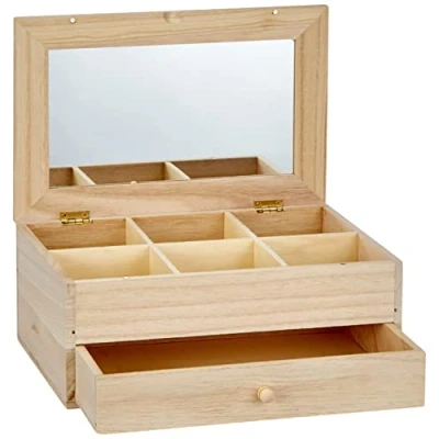 Imagen de Artemio Joyero (madera sin tratar, 25 x 17,5 11,5 cm, 6 compartimentos, 1 cajón, espejo en tapa)