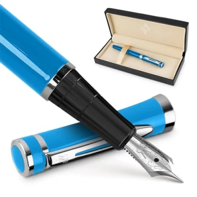 Imagen de Wordsworth &amp; Black Kit pluma estilográfica, dorada media de 18 quilates, incluye 6 cartuchos tinta, convertidor recarga tinta y caja regalo, acabado dorado, caligrafía, [azul cielo]