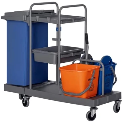 Imagen de HOMCOM Carro de Limpieza con Bolsa Basura Servicio Cubos Fregar 18L Escurridor Prensa y Estantes para Hotel 111x63,3x103 cm Multicolor