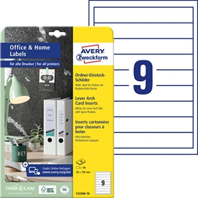 Imagen de AVERY Zweckform C32266 10 Insertos de lomo para carpeta (90 etiquetas lomo, 30 x 190 mm en A4, imprimibles inserción, microperforación, ideal oficina casa) hojas