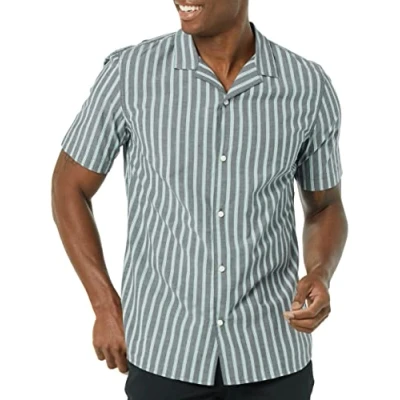 Imagen de Amazon Essentials Camisa Hawaiana de Corte Ajustado Hombre, Azul Marino Rayas, S