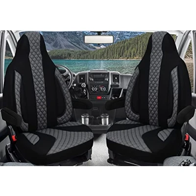 Imagen de Fundas de asiento a medida, juego asientos piloto para conductor y copiloto, compatible con autocaravana FIAT Ducato, Pössl, Knaus, Adria, Carthago, Pilote Laika WPL401, negro/gris