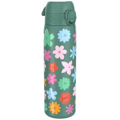 Imagen de Ion8 Botella de Agua Acero Inoxidable, 600ml, a Prueba Fugas, Fácil Abrir, Aptas para Lavavajillas, Cerradura Segura, Asa Transporte, Limpiar, Diseño en Relieve, Flores Verdes