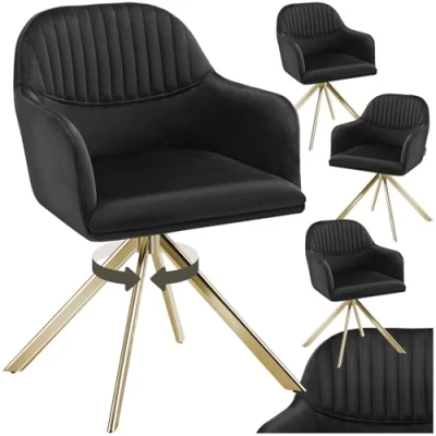Imagen de TecTake® Silla Giratoria Tapizada con Respaldo Continuo, Patas de Acero Giratorias 360º, Dormitorio, Butacas Salon, Sillas Comedor, Comedor Nordica 4 Negro/Oro