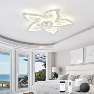 Imagen de KeLuKes Ventilador de Techo con Luz Inteligente, 65cm Lámpara Compatible Alexa y Google Assistant Temporizador Silencioso Regulable Reversible Fan Light para Dormitorio, Blanco