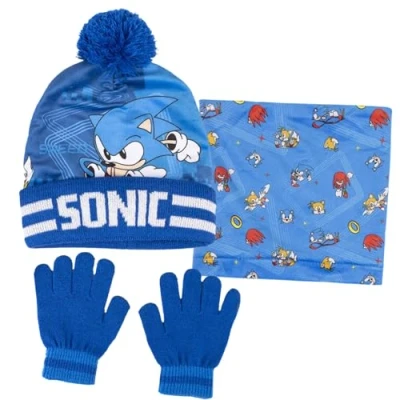 Imagen de Sonic The Hedgehog juego de gorro, guantes y redecilla para niños, 3 piezas regalo invierno, azul / blanco, 10 Years