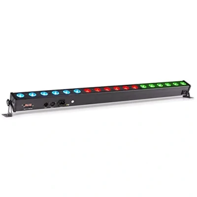 Imagen de Beamz LCB183 Barra de luces LED con 18 leds 3W RGB, 3,7, 12 canales DMX, gestión audio, entrada/salida DMX XLR, espectáculos preprogramados, ideal para fiestas y eventos
