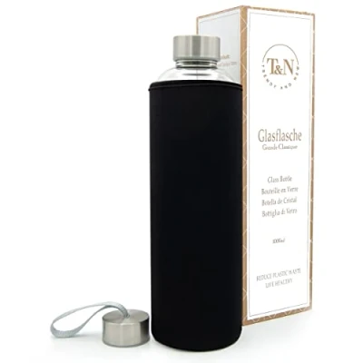 Imagen de T&amp;N Botella de cristal 550ml vidrio 0,5l con funda neopreno agua a prueba fugas borosilicato más grueso Diseño delgado