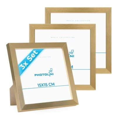 Imagen de PHOTOLINI marcos 15x15 cm oro madera MDF, set de 3 para pósteres, cristal acrílico, colgar y poner pie, incluye accesorios fotos, láminas pósteres
