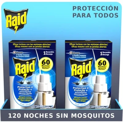 Imagen de Raid ® Recambio Eléctrico Líquido Protección+ 60 noches Cargador para aparato anti mosquitos comunes y tigre con difusor regulable