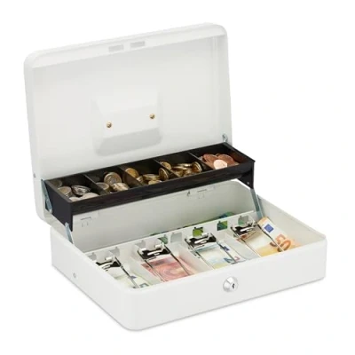 Imagen de Relaxdays caudales Caja de Dinero con Cerradura y 2 Llaves, Hierro, para Monedas Billetes, 9 x 25 18 cm, Blanco