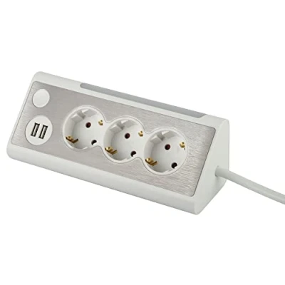 Imagen de maxtrack Regleta de Mesa NV70 1,5 WL, 3 enchufes angulares, 2 Puertos Carga USB e iluminación LED, Enchufe múltiple para casa con botón encender y Apagar la Cable m