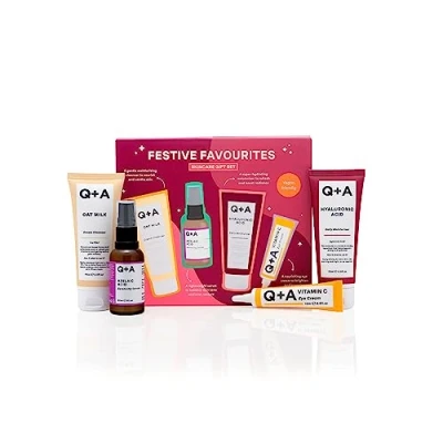 Imagen de Q+A Set de Regalo Favoritos Festivos, que contiene una Crema Hidratante con Ácido Hialurónico, un Limpiador Leche AvenA, Sérum Azelaico y para Ojos Cafeína
