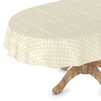Imagen de ANRO mantel de hule lavable, jardín, rectangular, redondo, ovalado, 140 x 180 cm, borde corte, a cuadros cuadrados, dorado claro